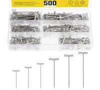 Mardatt 500Pcs 6 Sizes Stainless Steel T-Pins Set with Plastic Storage Box, I 1-1/4" 1-1/2" 1-3/4" 2" 2.1" Wig T-Pins Wig Pins Sewing Pins Long Straight Pins for Blocking Knitting Sewing Modelling