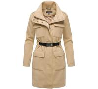 MARIKOO Damen lange Übergangsjacke Kurzmantel in Woll-Optik mit Taillengürtel Tanokoo 16 Beige Gr. M