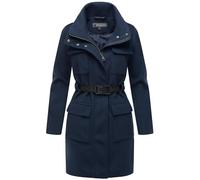 MARIKOO Damen lange Übergangsjacke Kurzmantel in Woll-Optik mit Taillengürtel Tanokoo 16 Navy Gr. XXL