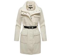 MARIKOO Damen lange Übergangsjacke Kurzmantel in Woll-Optik mit Taillengürtel Tanokoo 16 Off White Gr. L