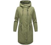 MARIKOO Damen lange Übergangsjacke Mantel mit reflektierenden Details und Taillenzugband Megumii 16 Olive Gr. M