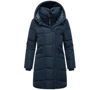 MARIKOO Damen Langer Mantel warme Winterjacke mit doppeltem Reißverschluss und Kapuze Virenaa 16 Navy Gr. 3XL