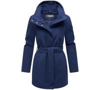 MARIKOO Damen langer Trenchcoat warme Übergangsjacke in Woll-Optik mit abnehmbarer Kapuze Katalinaa 16 Navy Gr. XS