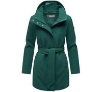 MARIKOO Damen langer Trenchcoat warme Übergangsjacke in Woll-Optik mit abnehmbarer Kapuze Katalinaa 16 Evergreen Gr. S