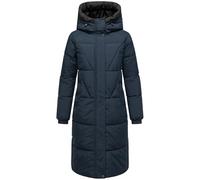 MARIKOO Damen Langer Wintermantel warmer Steppmantel mit Kapuze und seitlichen Gehschlitzen Yaskaa 16 Navy Gr. M
