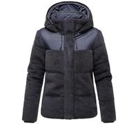 MARIKOO Damen Teddy-Fleecejacke warme Übergangsjacke gesteppte Plüschjacke in angesagtem Materialmix mit Kapuze Kaguraa 16 Navy Gr. L