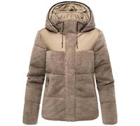 MARIKOO Damen Teddy-Fleecejacke warme Übergangsjacke gesteppte Plüschjacke in angesagtem Materialmix mit Kapuze Kaguraa 16 Stone Brown Gr. XL