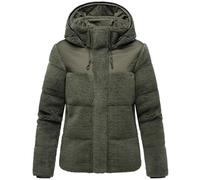 MARIKOO Damen Teddy-Fleecejacke warme Übergangsjacke gesteppte Plüschjacke in angesagtem Materialmix mit Kapuze Kaguraa 16 Olive Gr. M