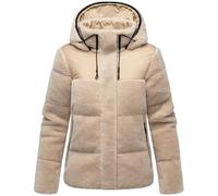 MARIKOO Damen Teddy-Fleecejacke warme Übergangsjacke gesteppte Plüschjacke in angesagtem Materialmix mit Kapuze Kaguraa 16 Beige Gr. S