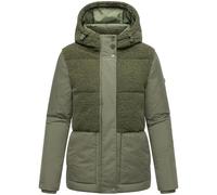 MARIKOO Damen Teddy-Fleecejacke warme Winterjacke Plüschjacke in angesagtem Materialmix mit Kapuze Sheeta 16 Olive Leaf Gr. L
