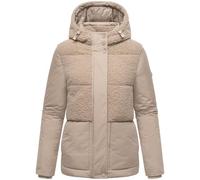 MARIKOO Damen Teddy-Fleecejacke warme Winterjacke Plüschjacke in angesagtem Materialmix mit Kapuze Sheeta 16 Light Taupe Gr. XL