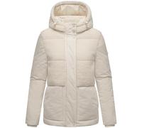 MARIKOO Damen Teddy-Fleecejacke warme Winterjacke Plüschjacke in angesagtem Materialmix mit Kapuze Sheeta 16 Offwhite Gr. S