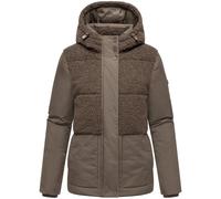 MARIKOO Damen Teddy-Fleecejacke warme Winterjacke Plüschjacke in angesagtem Materialmix mit Kapuze Sheeta 16 Stone Brown Gr. XS