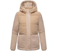 MARIKOO Damen Teddy-Fleecejacke warme Winterjacke Plüschjacke in angesagtem Materialmix mit Kapuze Sheeta 16 Beige Gr. L