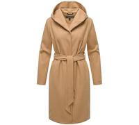 MARIKOO Damen Übergangsmantel lang Wickelmantel leichter Trenchcoat in Wolloptik mit Taillengürtel und Kapuze Kailii 16 Camel Gr. S