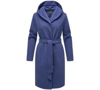 MARIKOO Damen Übergangsmantel lang Wickelmantel leichter Trenchcoat in Wolloptik mit Taillengürtel und Kapuze Kailii 16 Blue Violet Gr. XS