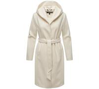 MARIKOO Damen Übergangsmantel lang Wickelmantel leichter Trenchcoat in Wolloptik mit Taillengürtel und Kapuze Kailii 16 Off White Gr. S