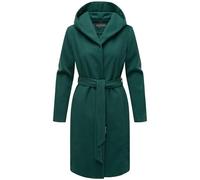 MARIKOO Damen Übergangsmantel lang Wickelmantel leichter Trenchcoat in Wolloptik mit Taillengürtel und Kapuze Kailii 16 Evergreen Gr. XL
