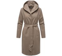 MARIKOO Damen Übergangsmantel lang Wickelmantel leichter Trenchcoat in Wolloptik mit Taillengürtel und Kapuze Kailii 16 Dark Taupe Gr. L