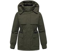 MARIKOO Damen warme Winterjacke Pufferjacke mit abnehmbarer Kapuze, magnetischen Knöpfen und Taillenzugband Shigaraa XVI Dark Olive Gr. XL