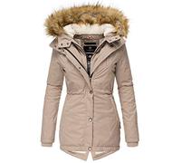 MARIKOO Damen Winter Jacke Parka Gefüttert mit Kapuze & Kunstpelz Taupe 34 - XS
