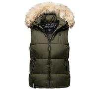 MARIKOO Damen Winter Weste Steppweste mit Kapuze und Fellkragen B896 [B896-Eisflöckchen-Olive-Gr.M]