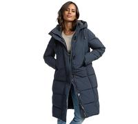 MARIKOO Damen Winterjacke (S-3XL) - Steppjacke, lang geschnitten, seitliche Gehschlitze, Kapuze (abnehmbar), Warme Jacke Frauen - N001 (M, Navy)