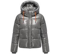 MARIKOO Damen Winterjacke warme glänzende Steppjacke mit abnehmbarer Kapuze und magnetischen Details Skyraa 16 Grey Gr. XL