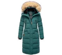 MARIKOO Damen Wintermantel warmer Steppmantel lang mit abnehmbarem Kunstfell und Kapuze Schneesternchen Ocean Green Gr. XL