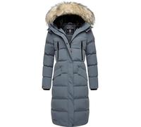 MARIKOO Damen Wintermantel warmer Steppmantel lang mit abnehmbarem Kunstfell und Kapuze Schneesternchen Stormy Blue Gr. M