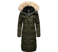 MARIKOO Damen Wintermantel warmer Steppmantel lang mit abnehmbarem Kunstfell und Kapuze Schneesternchen Oliv Gr. L