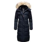 MARIKOO Damen Wintermantel warmer Steppmantel lang mit abnehmbarem Kunstfell und Kapuze Schneesternchen Navy Gr. XS