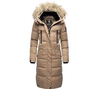 MARIKOO Damen Wintermantel warmer Steppmantel lang mit abnehmbarem Kunstfell und Kapuze Schneesternchen Taupe Gr. XS