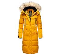 MARIKOO Damen Wintermantel warmer Steppmantel lang mit abnehmbarem Kunstfell und Kapuze Schneesternchen Yellow Gr. XS