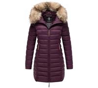 MARIKOO Damen Wintermantel warmer Steppmantel lang mit Kapuze und abnehmbarem Kunstfell-Kragen Rose Aubergine Gr. M