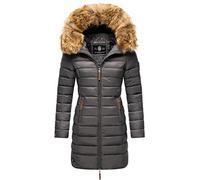 MARIKOO Damen Wintermantel warmer Steppmantel lang mit Kapuze und abnehmbarem Kunstfell-Kragen Rose Anthrazit Gr. M