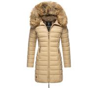 MARIKOO Damen Wintermantel warmer Steppmantel lang mit Kapuze und abnehmbarem Kunstfell-Kragen Rose Beige Gr. XXL