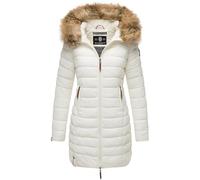 MARIKOO Damen Wintermantel warmer Steppmantel lang mit Kapuze und abnehmbarem Kunstfell-Kragen Rose Off White Gr. XXL