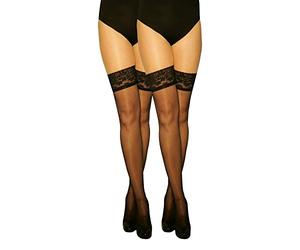 MARILYN transparente, halterlose Strümpfe mit 10 cm Silicon-Haftband-Spitze im Set, 15 Denier, Größe 42 (XL), Farbe Schwarz (je 2x nero)