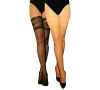 MARILYN transparente halterlose Strümpfe mit 15 cm Spitze, 2er Pack, 20 Denier, Größe 36/38 (S/M), Farbe je 1x schwarz, beige