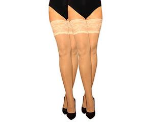 MARILYN transparente halterlose Strümpfe mit 15 cm Spitze, 2er Pack, 20 Denier, Größe 40/42 (M/L), Farbe 2x milch