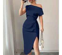 Marineblau elegantes asymmetrisches Ausschnitt-Taille handgefertigtes gerafftes Satin-Kleid, geeignet für Dates, Geburtstagsfeiern, Hochzeiten, Homeco