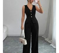 Marineblau & weiß gestreifter Damen Business-Anzug Set, tailliertes A-Linien Design, elegante ärmellose gestreifte Weste für den täglichen Arbeitsweg,
