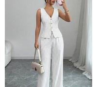 Marineblau & weiß gestreifter Damen Business-Anzug Set, tailliertes A-Linien Design, elegante ärmellose gestreifte Weste für den täglichen Weg zur Arb