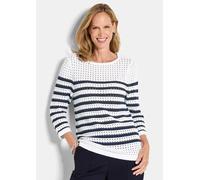 Rundhalspullover GOLDNER "Ajourpullover mit Streifenmuster", Damen, Gr. 42, weiß (weiß, marine, geringelt), Obermaterial: 50% Baumwolle CO. 50% Polyacryl PAN., gerade, Pullover Rundhalspullover, modis