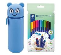 MARKY Federmäppchen im Emoji-Design in Blau, weiches und strapazierfähiges Silikon, inkl. 10 STAEDTLER triplus color Filzstifte 323, dreikant, eindrucksichere Spitze, ca. 1 mm, 97% Rezyklat