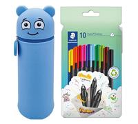 MARKY Federmäppchen im Emoji-Design in Blau, weiches und strapazierfähiges Silikon, inkl. 10 STAEDTLER triplus Fineliner 334, dreikant, superfeine Spitze, ca. 0.3 mm, aus 97% Rezyklat