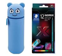 MARKY Federmäppchen im Emoji-Design in Blau, weiches und strapazierfähiges Silikon, inkl. 12 STAEDTLER Buntstifte NORIX 186, einzigartige Form, Made Form Upcycled Wood