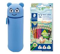 MARKY Federmäppchen im Emoji-Design in Blau, weiches und strapazierfähiges Silikon, inkl. 12 STAEDTLER Buntstifte Noris Colour 187, ergonomisches Dreikantformat, Made Form Upcycled Wood