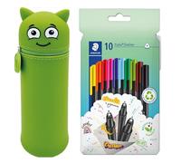 MARKY Federmäppchen im Emoji-Design in Grün, weiches und strapazierfähiges Silikon, inkl. 10 STAEDTLER triplus Fineliner 334, dreikant, superfeine Spitze, ca. 0.3 mm, aus 97% Rezyklat